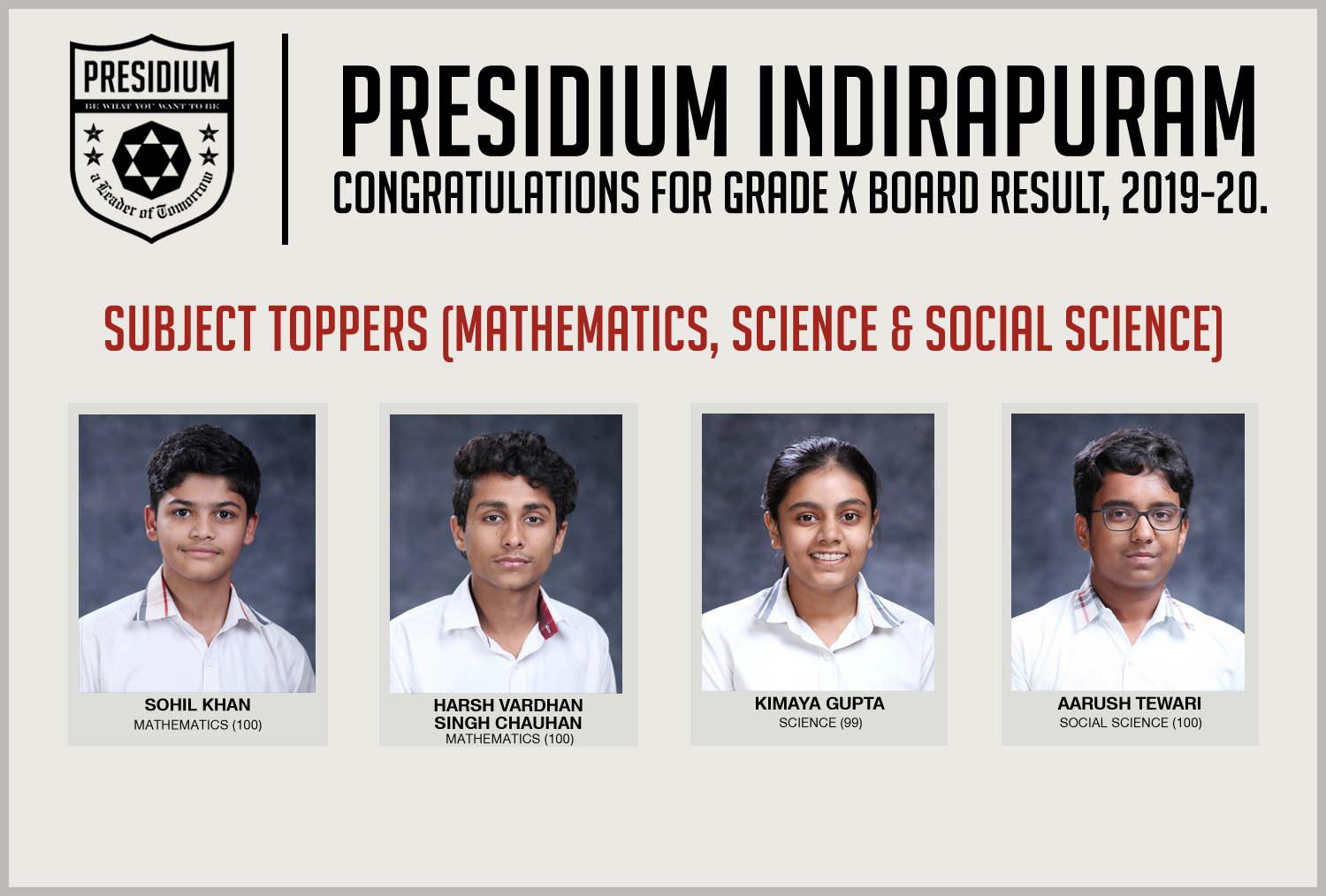 Presidium Indirapuram, KUDOS PRESIDIANS FOR EXCEPTIONAL XTH BOARD RESULTS (2019-20)